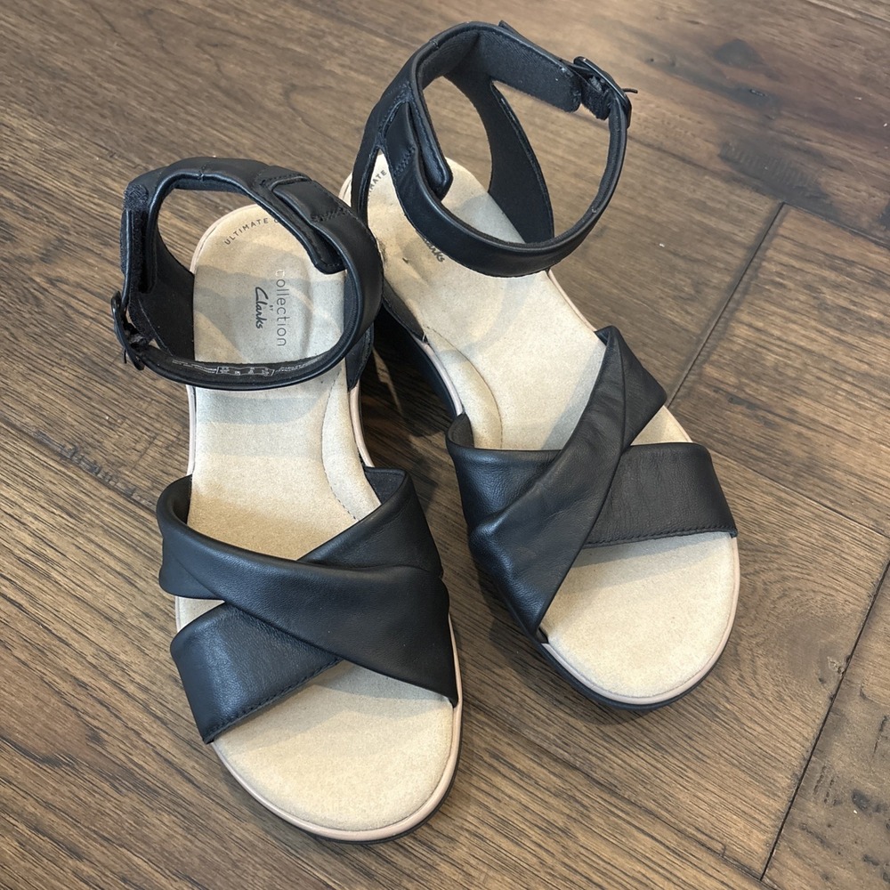 Clarks Women's Jillian Bella Wedge Sandal BLACK ankle strap sz US 9W Leather